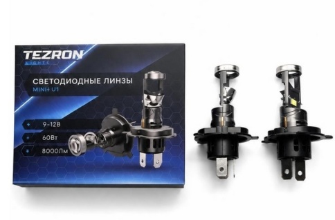 СВЕТОДИОДЫ Н4 60W 6500K 8000LM ЛИНЗЫ TEZRON MINI фото 1